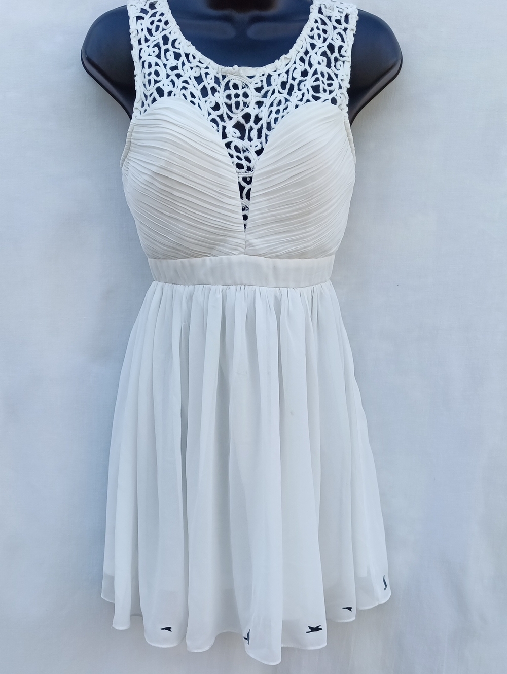 Upcycled White Lace Yoke Chiffon Mini Dress W Bird Silhouette Graphics OnBottom